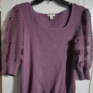 Cato Womens Pullover Knit Top XL Purple Shade Sheer Floral Puff Sleeves